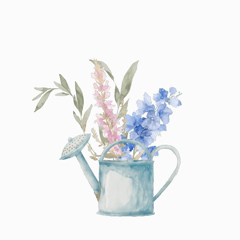 A watercolor illustration of a blue watering can filled with pink and blue flowers and green leaves, perfect for adding a touch of "Living Large in A Small House" charm, set against a transparent background.