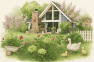 What You'll Find Here: A charming cottage with large windows and a stone chimney sits in a lush garden of blooming flowers, bordered by a white picket fence. A wheelbarrow rests nearby as a duck and two ducklings stroll across the grass.