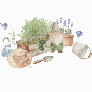 What You'll Find Here: A watercolor illustration of a garden scene featuring a straw hat, trowel, potted lavender, wooden planter with green herbs, blue flowers, watering can, and a gnome figurine in a green hat and pants.
