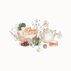 A basket of bread rolls with flowers, a teapot, a teacup, sliced peaches, grapes, and jam-topped bread grace this charming, vintage-style illustration—perfectly capturing the essence of Living Large in A Small House.