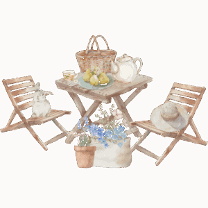 What You'll Find Here: A watercolor illustration of a cozy outdoor tea setup—two wooden chairs, a table with a teapot, pears, and basket, a cup, a rabbit on one chair, a sunhat on the other, and potted flowers nearby.