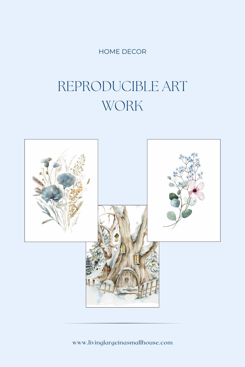 Three watercolor art pieces are displayed: two floral illustrations and one of a tree with a door. The text reads "Home Decor Reproducible Art Work" above the images. Website link is at the bottom.
