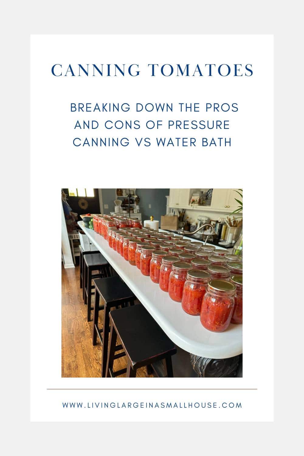A row of jars filled with canned tomatoes is lined up on a white kitchen island, with text above reading “Canning Tomatoes: Breaking down the pros and cons of pressure canning vs water bath.”.