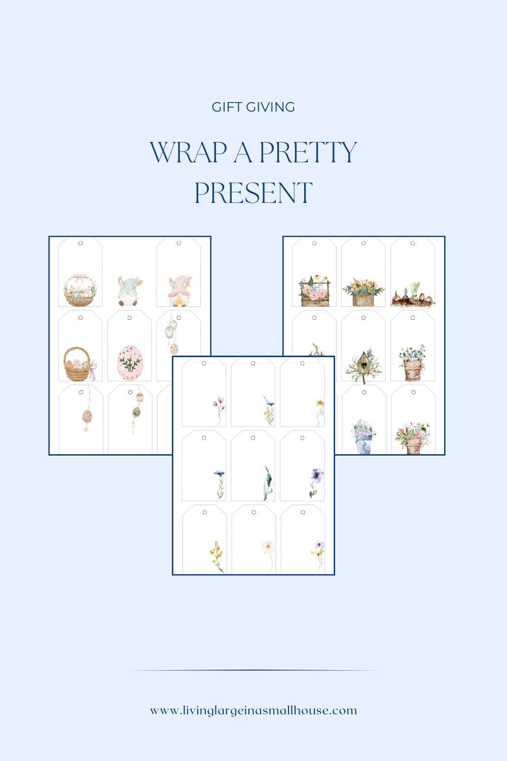 Three sheets of floral-themed gift tags with delicate botanical illustrations, arranged against a pale blue background. Text reads "Gift Giving, Wrap a Pretty Present." Website URL at the bottom.