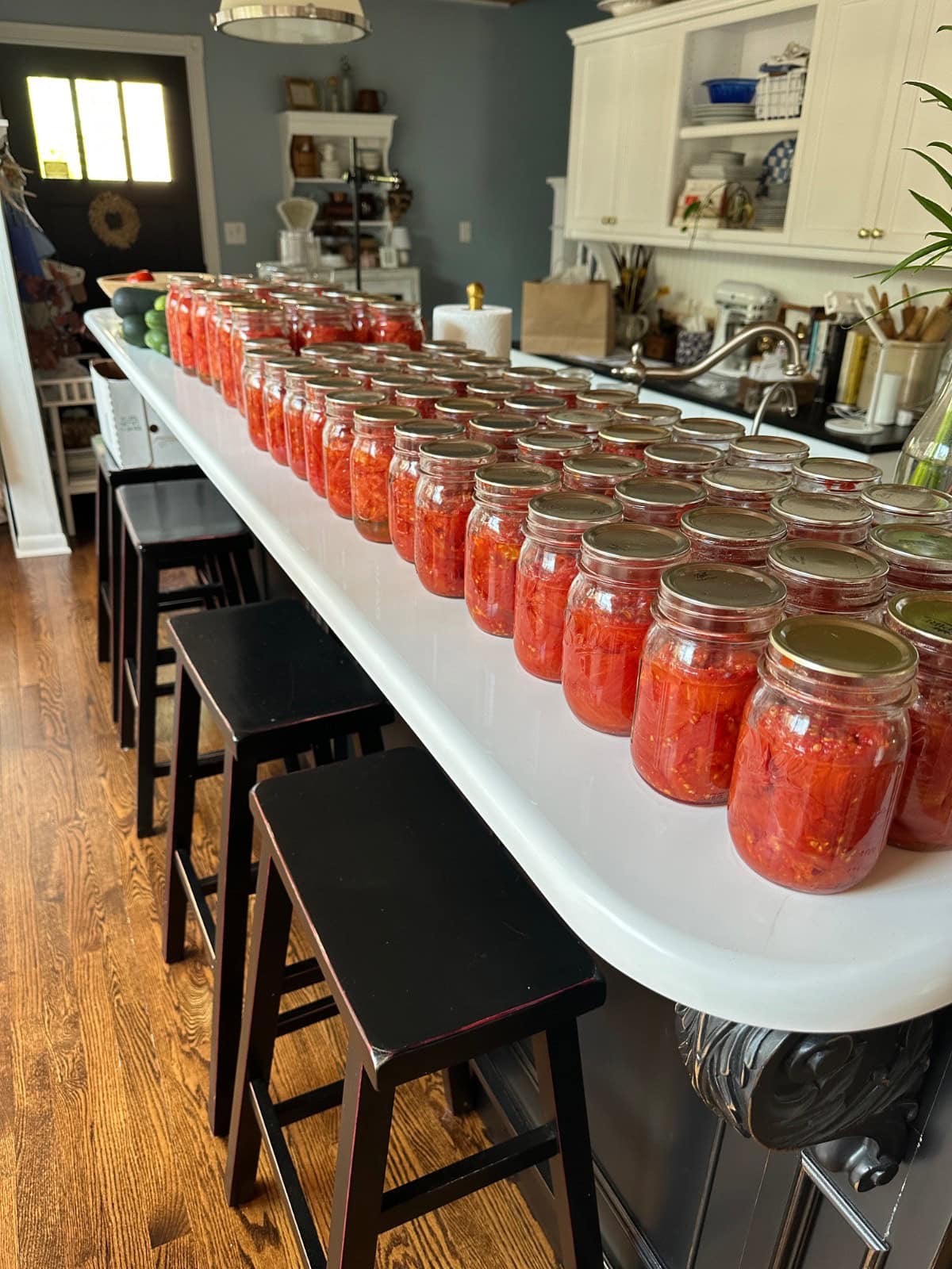 Rows of glass jars filled with red tomato sauce are lined up on a long white kitchen counter, with several black stools underneath. The kitchen has wooden floors and white cabinets.