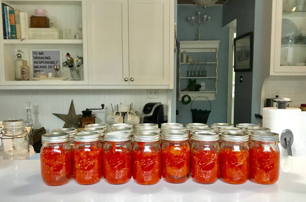 Fourteen glass jars filled with canned tomatoes are lined up on a white kitchen counter. The background shows white cabinets, kitchen appliances, and shelves with various items.