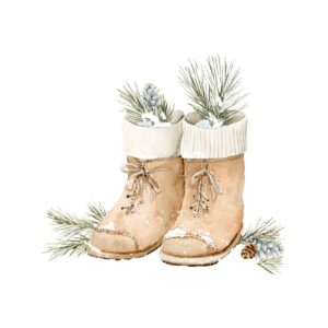 Two beige winter boots with white cuffs, decorated with pine branches, pinecones, and snow, sit side by side on a white background—an inviting touch for Living Large in A Small House. Some greenery and a pinecone rest beside the boots.