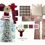 A Christmas mood board featuring a frosted tree, red and white poinsettias, velvet ribbon, plaid and solid pillows, patterned rug and curtains, red deer head, and festive color swatches—perfect Christmas inspiration for 2025.