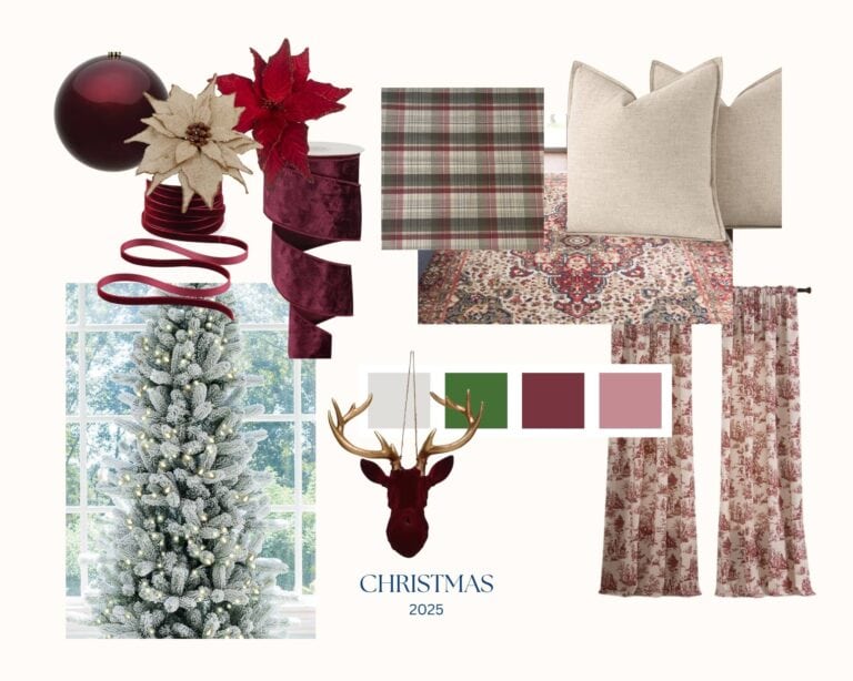 A Christmas mood board featuring a frosted tree, red and white poinsettias, velvet ribbon, plaid and solid pillows, patterned rug and curtains, red deer head, and festive color swatches—perfect Christmas inspiration for 2025.