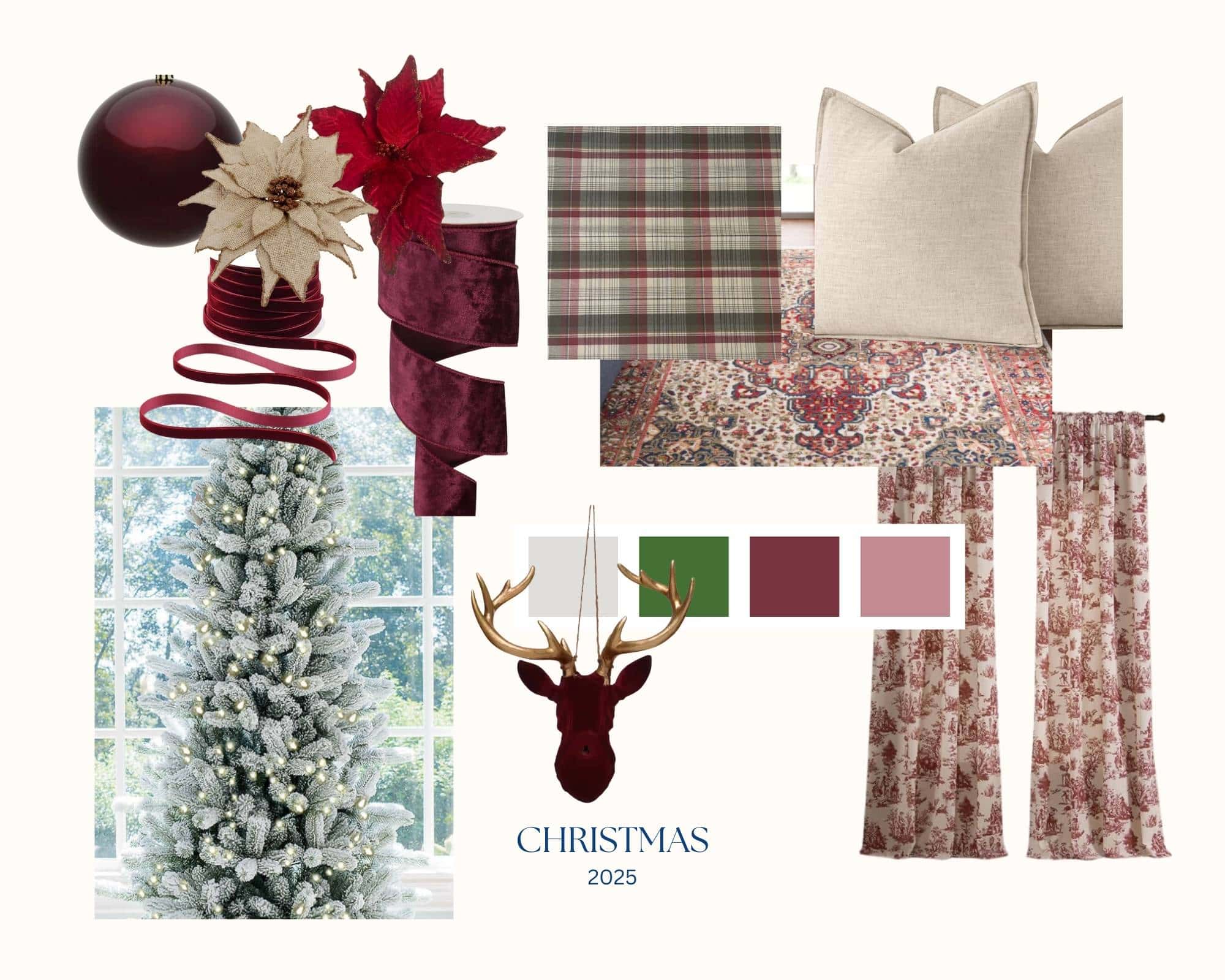 A Christmas mood board featuring a frosted tree, red and white poinsettias, velvet ribbon, plaid and solid pillows, patterned rug and curtains, red deer head, and festive color swatches—perfect Christmas inspiration for 2025.