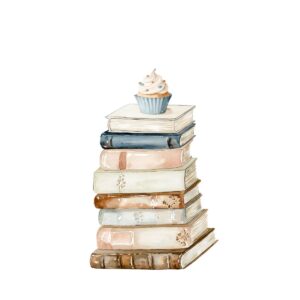 A watercolor illustration of a stack of vintage books with a blue cupcake topped with white frosting and sprinkles sitting on the top book, capturing the cozy charm of Living Large in A Small House, all against a white background.