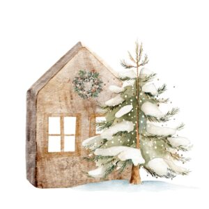Watercolor illustration of a brown house with a wreath above the window and a snow-covered evergreen tree beside it, set on a snowy ground with a white background—perfectly capturing Living Large in A Small House charm.