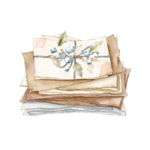 A watercolor illustration of a stack of vintage letters, evoking the charm of Living Large in A Small House. The top envelope is adorned with a holly sprig and white berries tied with twine, while the worn edges add a touch of nostalgia.