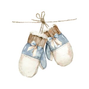Watercolor illustration of a pair of blue and white mittens with beige cuffs and bows, hanging from a string. Perfect for adding cozy charm to any space, this artwork captures the warmth of Living Large in A Small House.