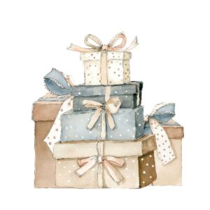 A stack of pastel-colored gift boxes, mostly in beige, blue, and cream, each tied with ribbons and bows. Perfect for Living Large in A Small House, these polka dot boxes are neatly arranged against a white background.