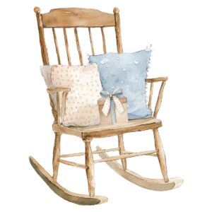 A wooden rocking chair with two patterned cushions and a gift box tied with a ribbon on the seat, illustrated in a soft watercolor style, captures the charm of Living Large in A Small House on a white background.