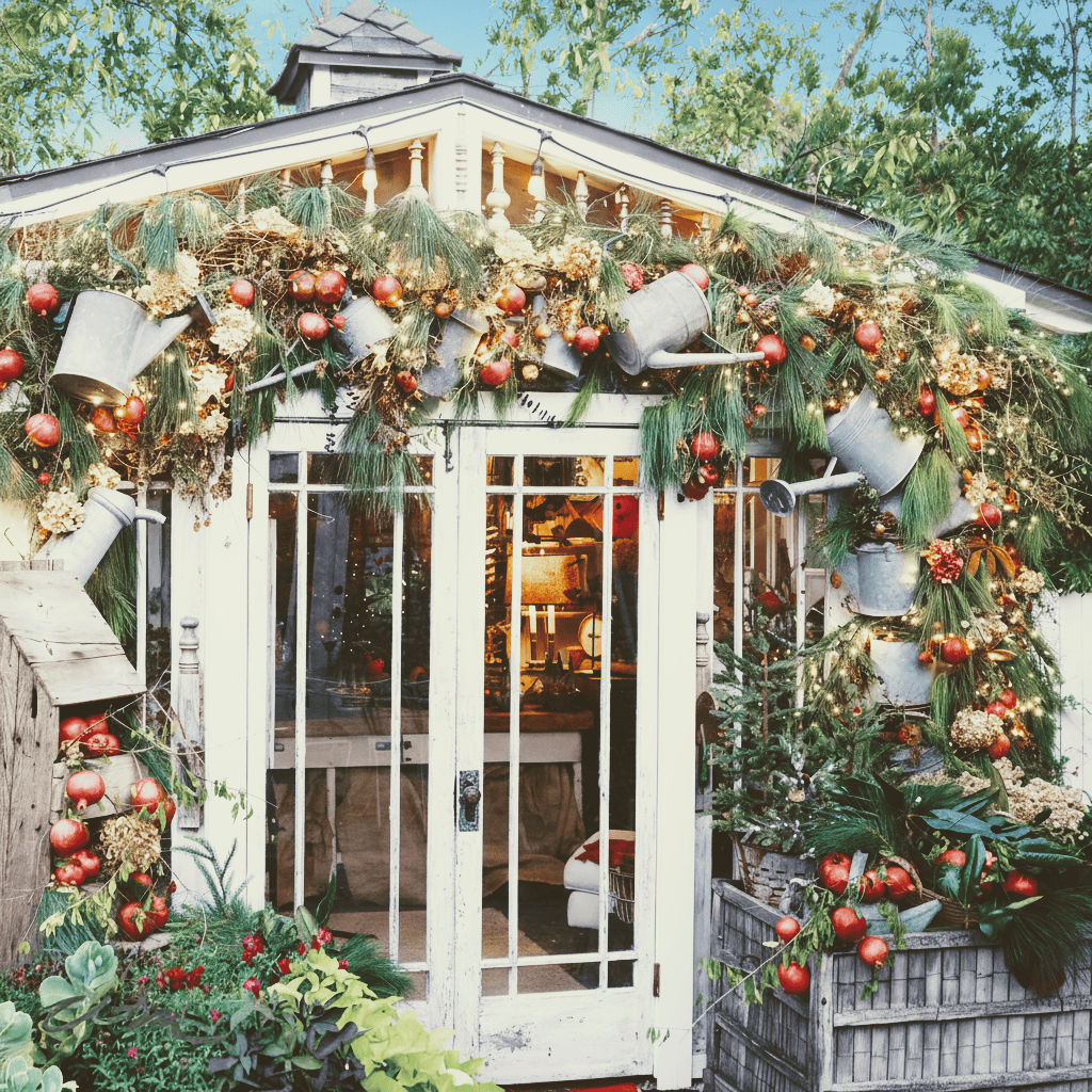 A small garden shed decorated for the holidays with pine garlands, red ornaments, string lights, and metal watering cans, surrounded by lush greenery and wooden crates.