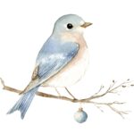 A watercolor illustration of a light blue and white bird perched on a bare branch, with a small blue ornament hanging from it. Perfect for those Living Large in A Small House, the simple white background adds charm and elegance.