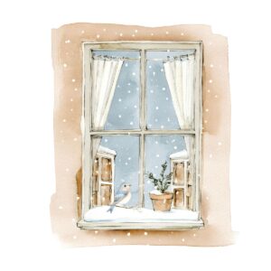 A watercolor illustration of a window with white curtains, snow on the sill, a potted plant, and a blue bird outside. Snow falls gently against a pale blue sky—perfect for Living Large in A Small House.