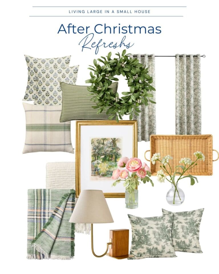 A collage of the latest home decor items, including patterned pillows, a green wreath, floral artwork, green throw blankets, curtains, a wall lamp, a woven tray, and vases with flowers, titled "After Christmas Refresh.