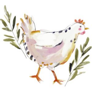 A watercolor illustration of a white chicken with black spots and an orange comb, standing between two green leafy branches on a white background—perfect for those living large in a small house.