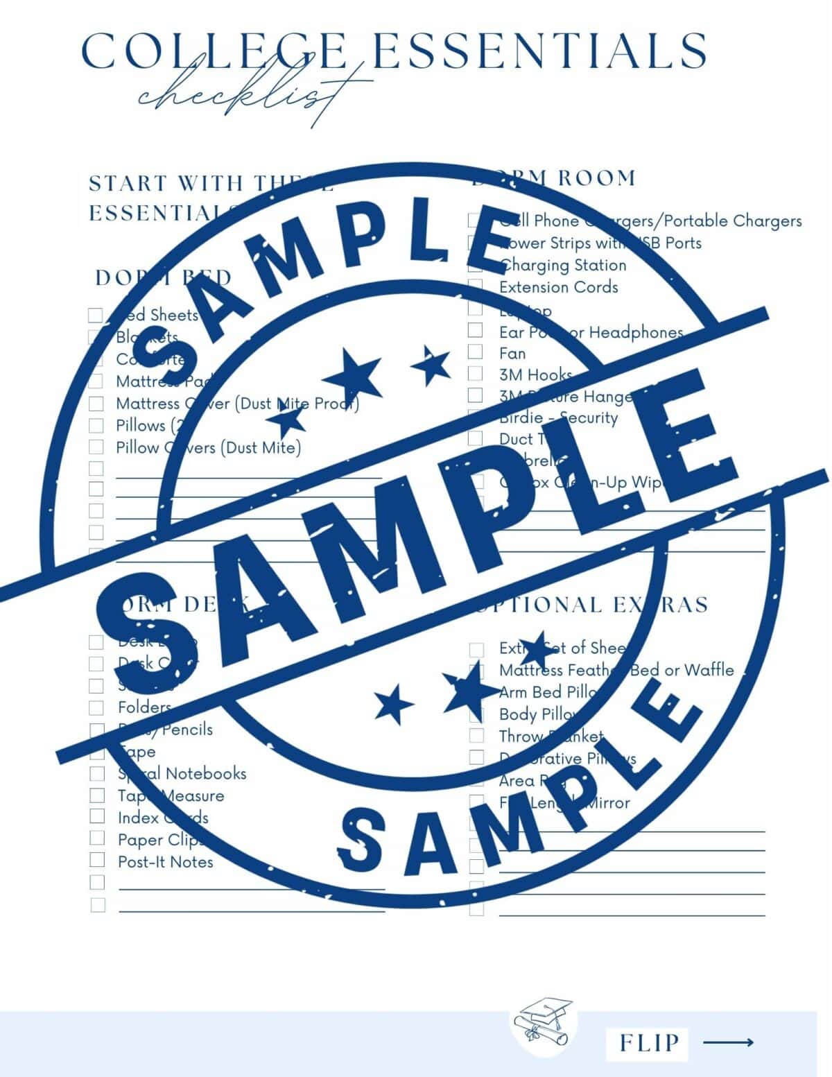 College essentials checklist with sections for dorm room basics, homework, and extras—perfect as a dorm packing checklist. Includes sheets, chargers, desk lamp, storage bins, and folders. A blue "SAMPLE" stamp covers the page.