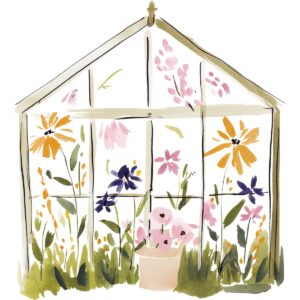 Watercolor illustration of a greenhouse filled with blooming flowers in yellow, pink, and purple, lush green foliage, and a potted plant in the center foreground—perfect inspiration for Living Large in A Small House.