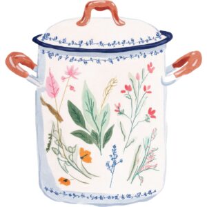 A white cooking pot with a lid, decorated with colorful hand-painted flowers, leaves, and botanical patterns. Perfect for Living Large in A Small House, its reddish-brown handles and lid knob add a charming touch to any cozy kitchen.