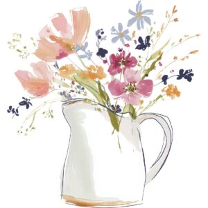 Watercolor-style illustration of a white ceramic pitcher holding an arrangement of colorful wildflowers, perfect for capturing the charm of Living Large in A Small House, with pink, purple, orange, and blue blossoms complemented by green stems and leaves.