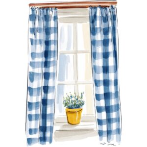 Illustration of a window with blue and white checkered curtains, sunlight streaming in, and a yellow pot with green plants on the sill—perfect inspiration for living large in a small house.