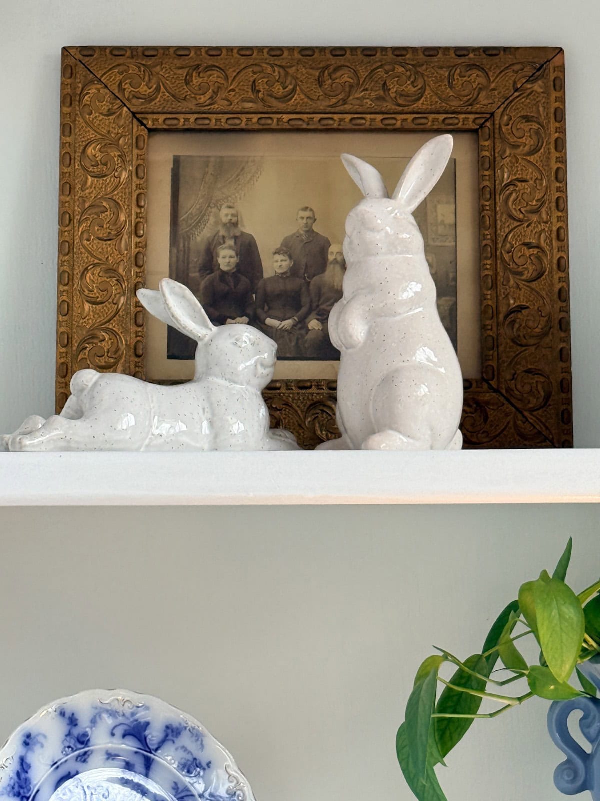 Two white ceramic rabbit figurines sit on a shelf in front of an ornate gold-framed vintage family photograph. Below them are a blue and white plate, a green leafy plant, and the latest addition to your decorative collection.