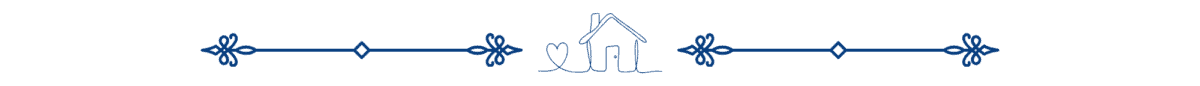 Blue decorative line with symmetrical floral elements and a simple house cradled by two hands in the center, evoking a sense of care—perfect for your next Home Post.