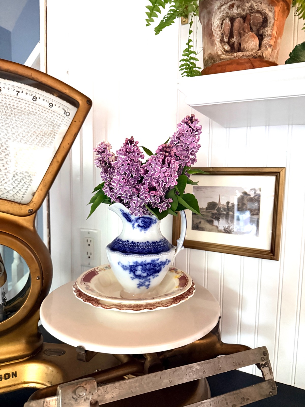 A white and blue floral pitcher filled with lilacs sits on a plate atop a vintage scale. The latest addition, a potted fern, alongside a framed picture and white paneled wall, creates a cozy, antique setting.