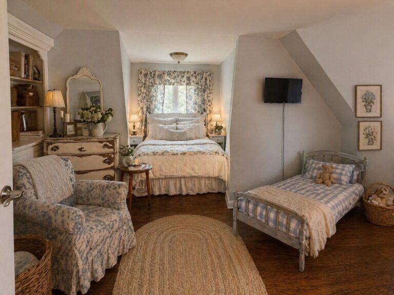 A cozy bedroom with a large bed, a small bed with a teddy bear, floral armchair, dresser with flowers, bookshelf, oval rug, wall-mounted TV featuring the latest shows, and windows with floral curtains letting in natural light.