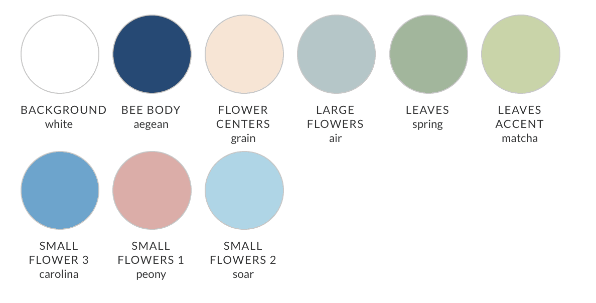 Nine color circles labeled with names and uses—ideal for planning palettes, such as when deciding how to define an entryway with wallpaper using coordinated hues for backgrounds, flowers, and leaves.