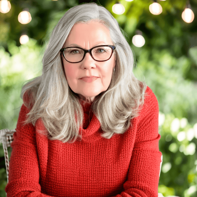 An older woman with long gray hair and glasses sits outdoors, wearing a red sweater. She looks directly at the camera, with a soft-focus green background and string lights behind her, creating a charming setting for small home entertaining or gardening inspiration.