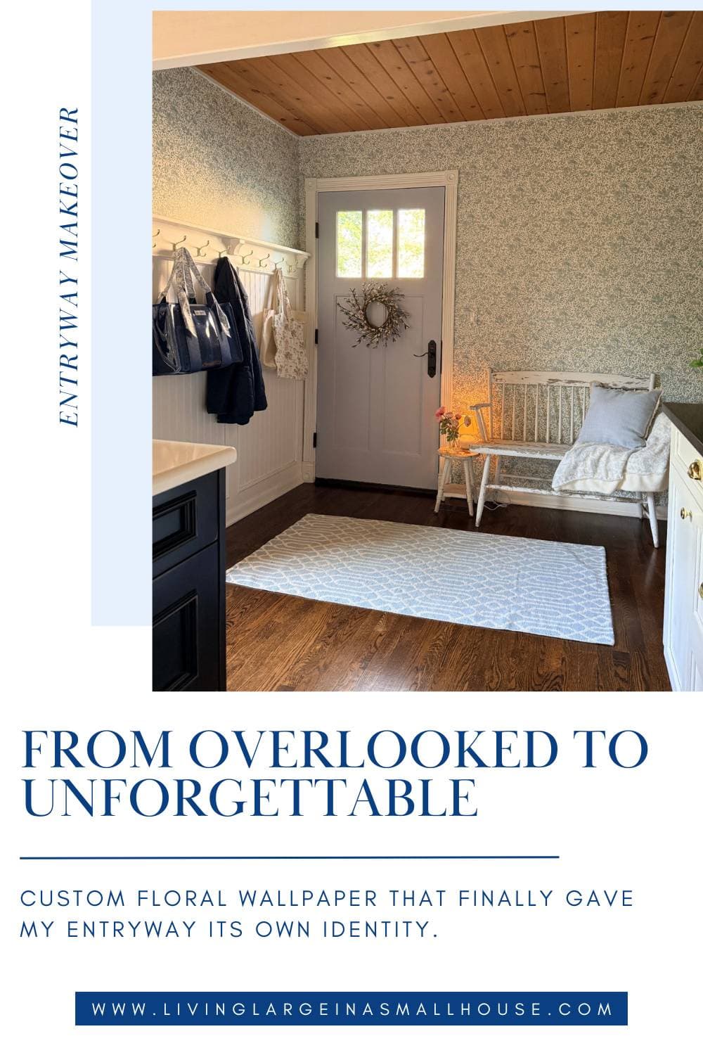 A bright, inviting entryway with floral wallpaper demonstrates how to define an entryway with wallpaper; white wainscoting, a bench with pillows, coat hooks, and a wreath-adorned door add charm, while a rug on the dark floor creates a cozy atmosphere.