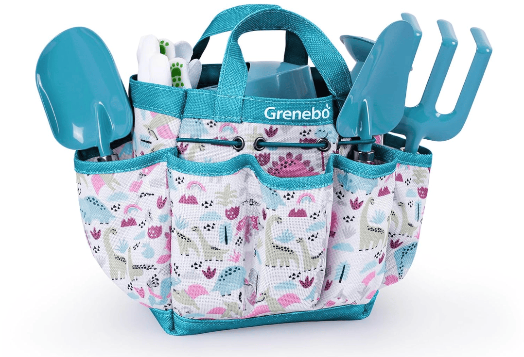 A small, colorful garden tote with a dinosaur print holds the latest teal plastic gardening tools—including a trowel, fork, and rake—in multiple outer pockets. The tote has a handle on top and the brand name "Grenebo" on the front.
