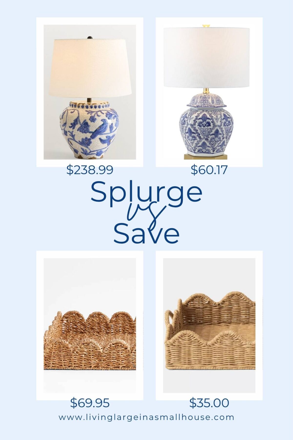 A shopping comparison of home decor: a $238.99 blue and white lamp vs. a similar $60.17 lamp, and a $69.95 scalloped wicker basket vs. a similar $35.00 basket, with "Splurge vs Save" at the center.