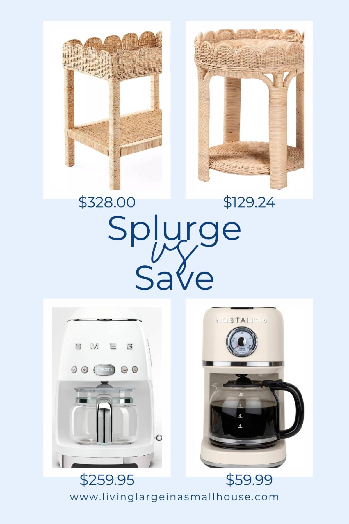 A shopping comparison graphic displays two wicker side tables and two coffee makers, each with their price: the left items are more expensive ("splurge") and the right options let you save.