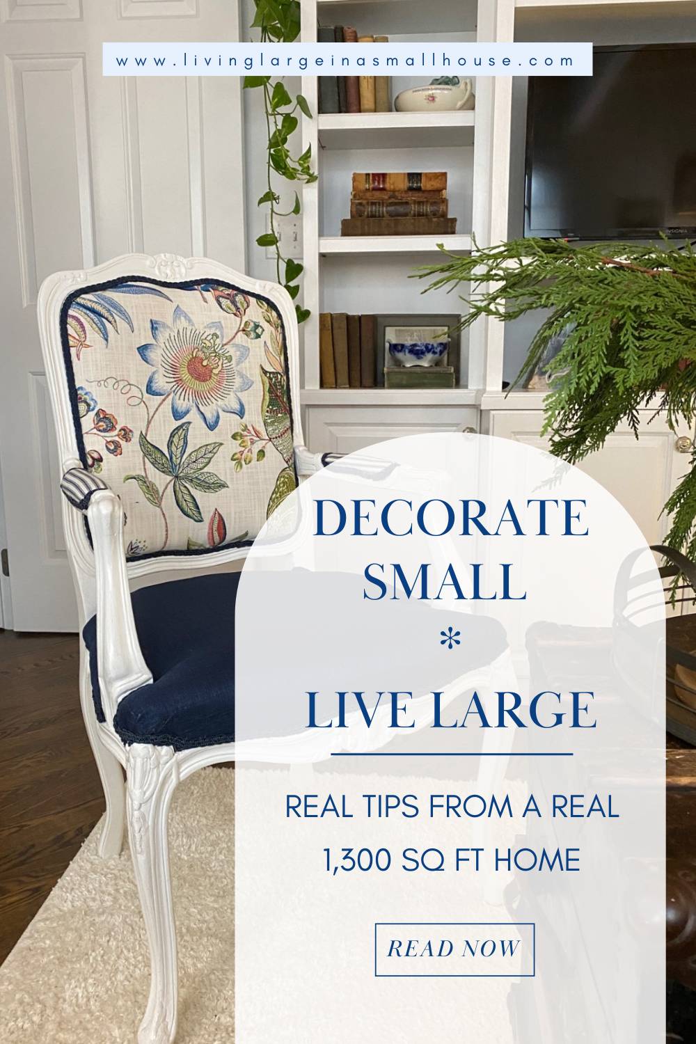 White chair with floral upholstery beside a leafy plant; discover how to decorate a small home beautifully with these tips.