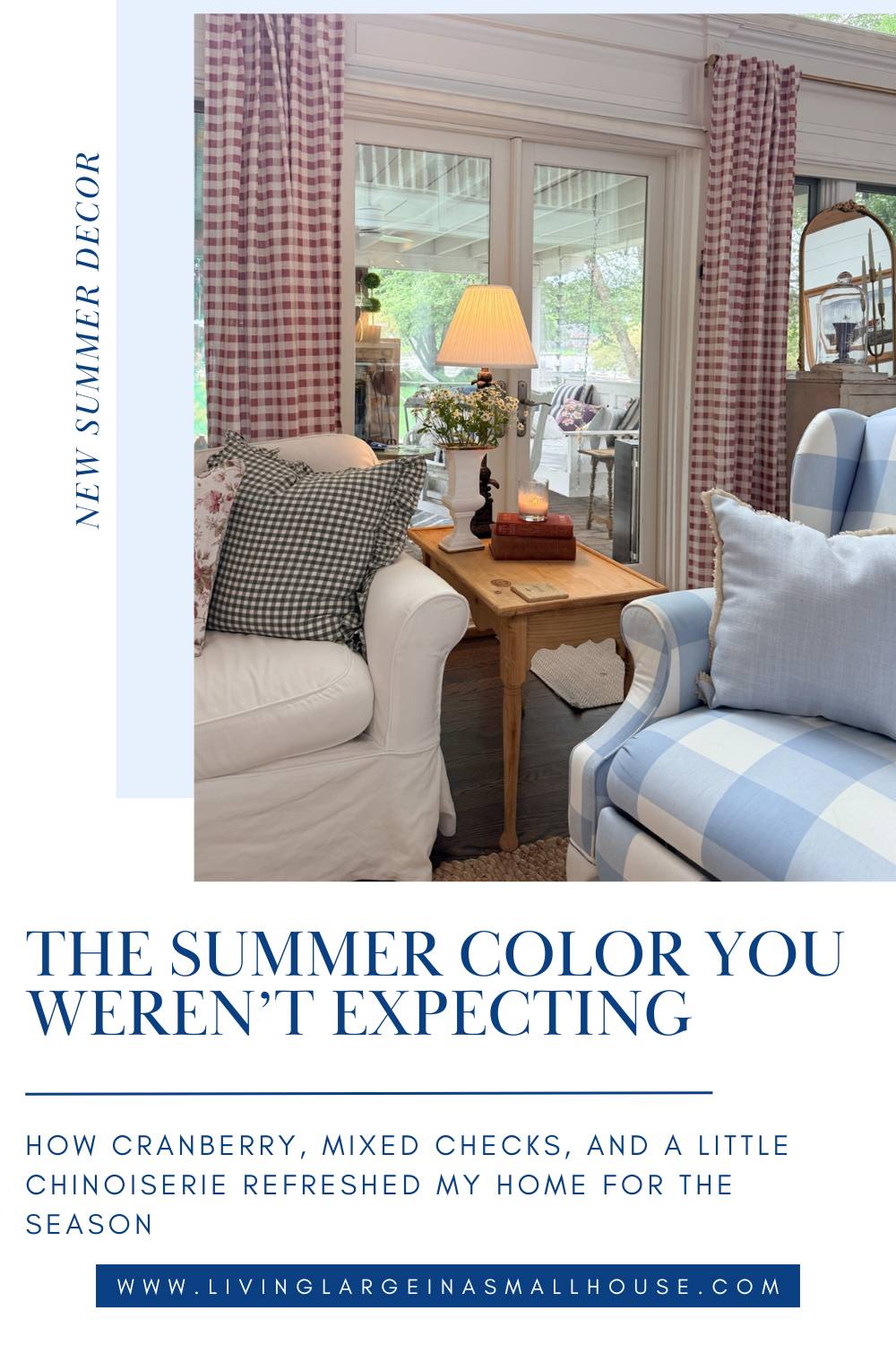Living room with pink check curtains, white armchair, blue check sofa—how to refresh your home for summer by the window.