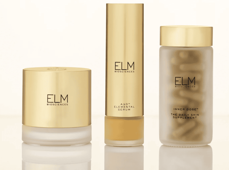 Three gold-capped ELM Biosciences skincare products, perfect for your next shopping haul: cream, serum, and supplements.