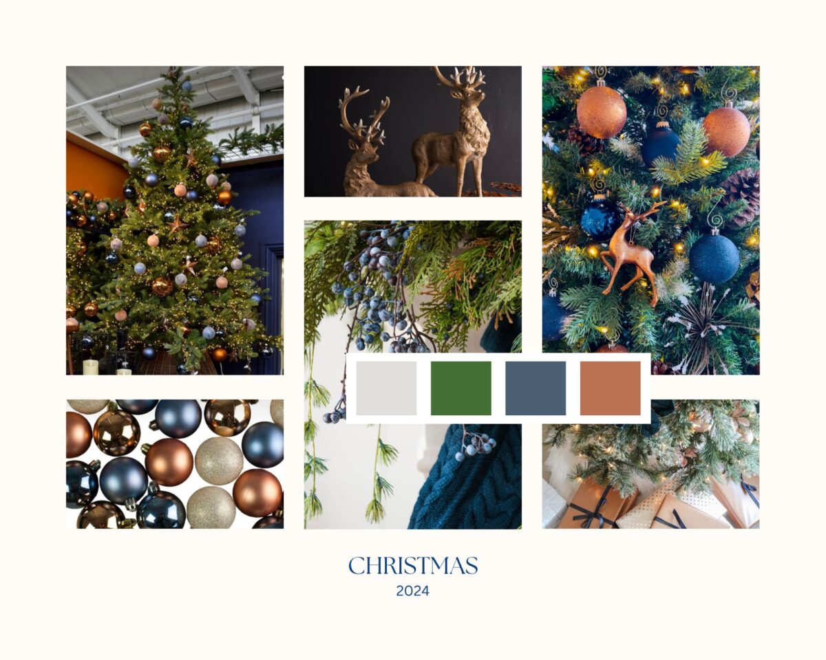 Christmas planning mood board with trees, ornaments, reindeer, gifts, and a blue, green & copper palette.