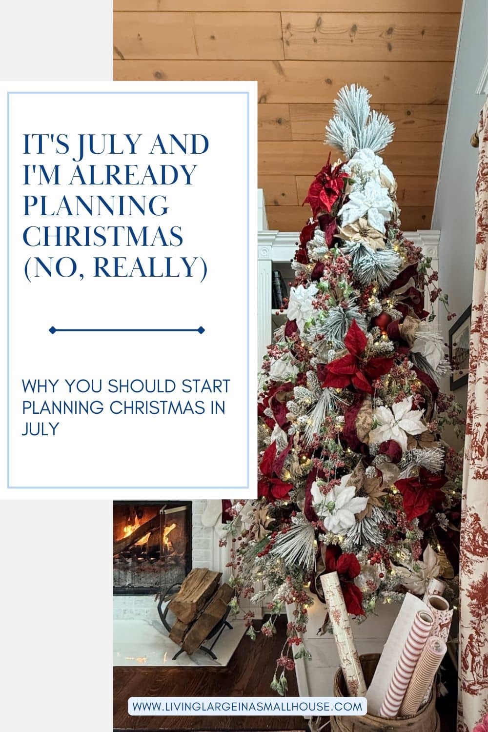 A decorated Christmas tree with red and white ornaments brings a touch of Christmas in July to a cozy room by the fireplace.