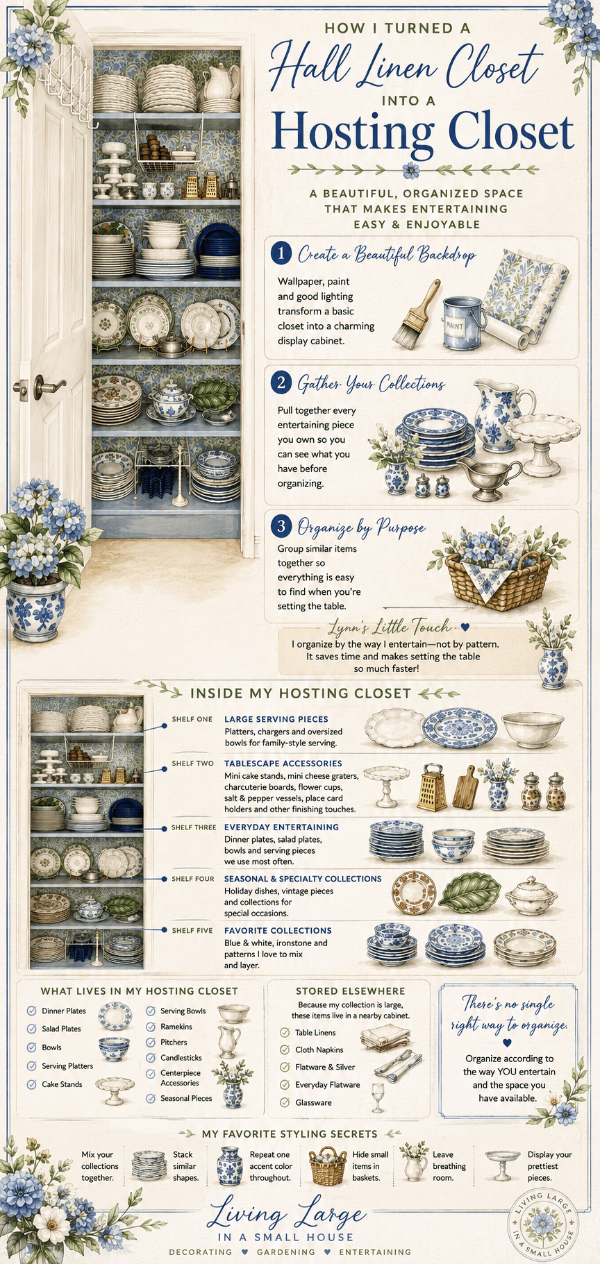 An organized hosting closet with shelves holding blue and white dishes, vases, linens, and entertaining supplies.