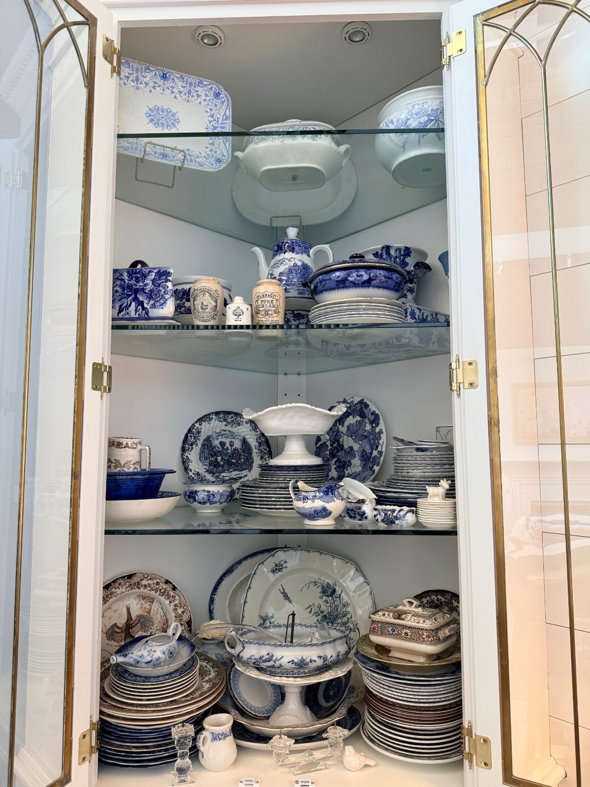 Cabinet filled with assorted blue and white china, perfect for displaying in your hosting closet or preparing table settings.