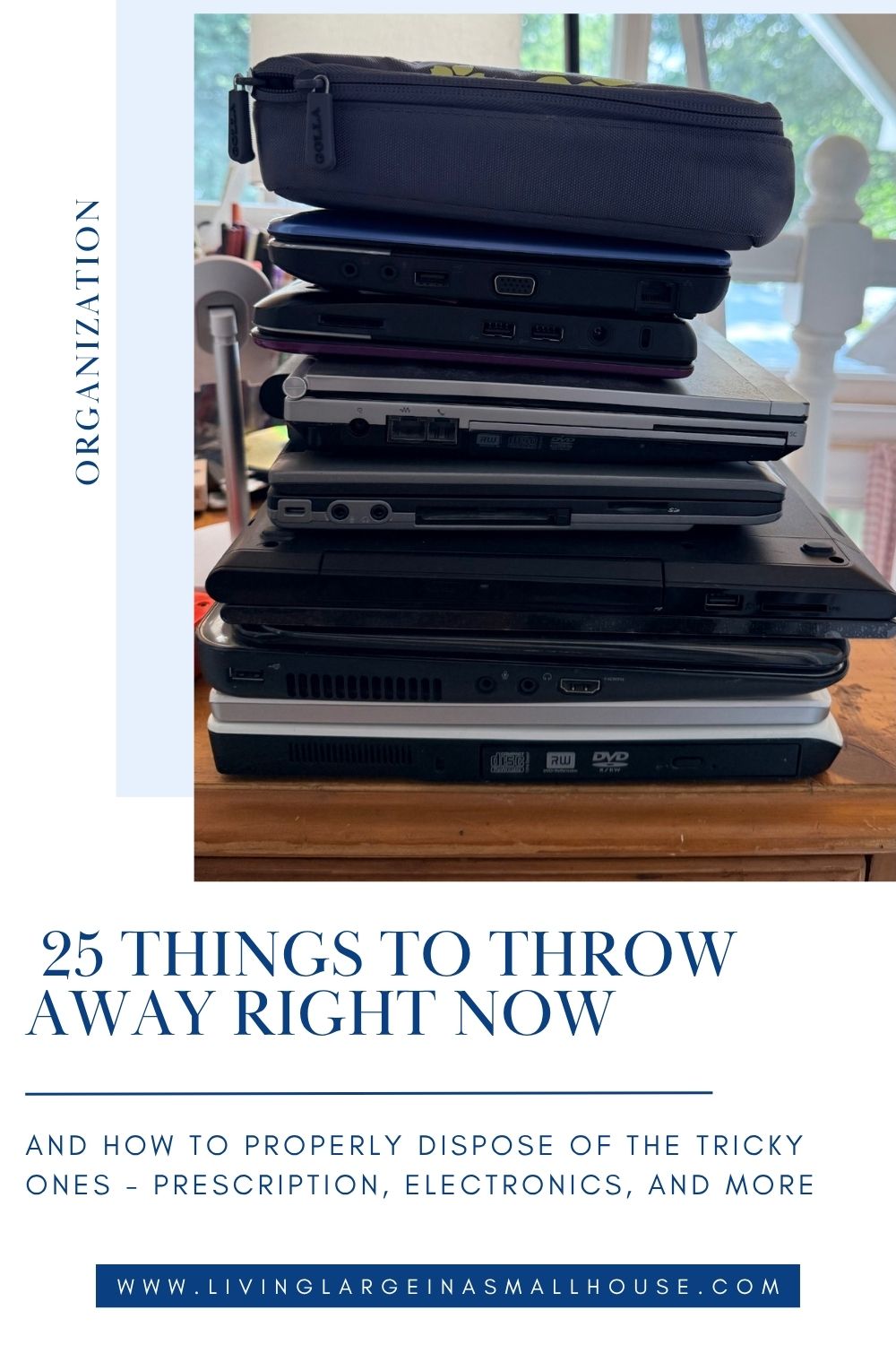 A stack of old laptops, tablets, and cases—things to throw away right now when decluttering for proper disposal.