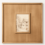 Framed sketch of a house with trees, ideal for shopping enthusiasts seeking unique decor in a wide wooden frame.