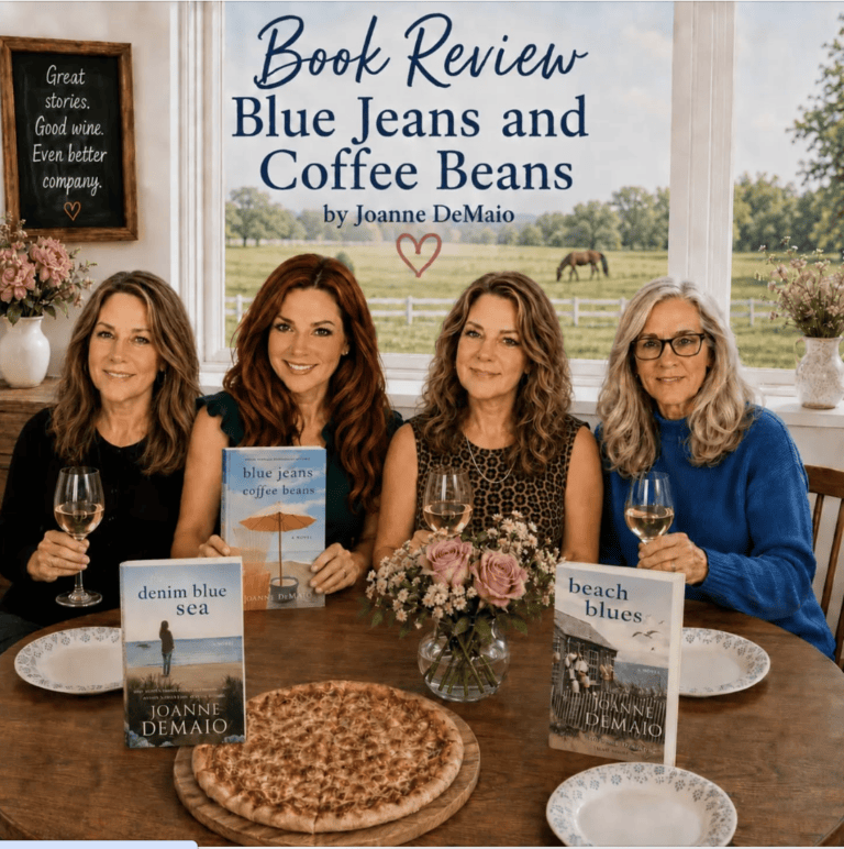 Four women sit with wine, books, and pizza—chatting about shopping by a window overlooking a green field.